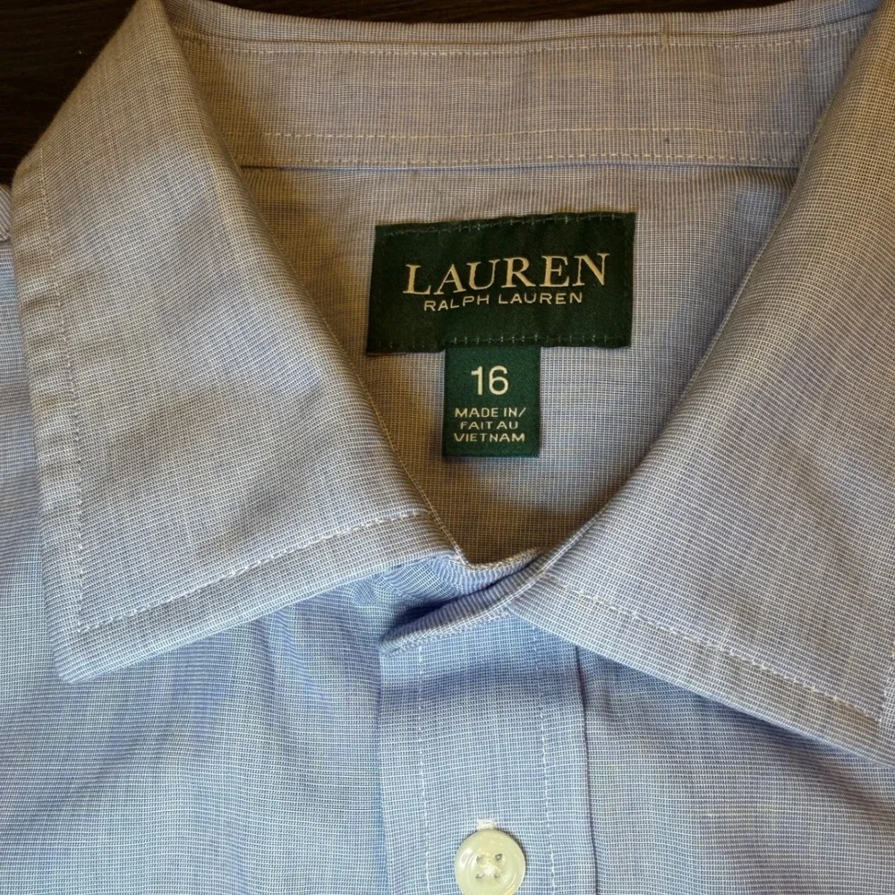 Lauren Ralph Lauren Boys Light Blue Micro‎ Check Button Down Shirt Size 16 LRL